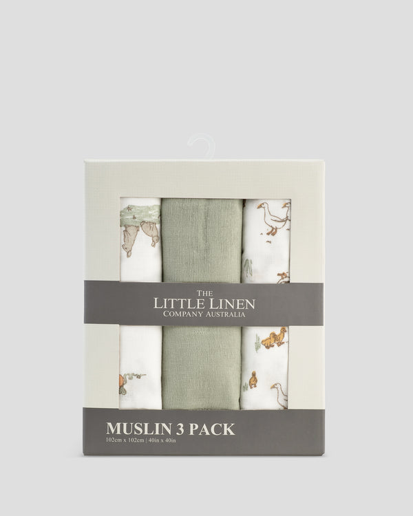 Little Linen Muslin 3pk Wrap Farmyard Lamb Front Pack
