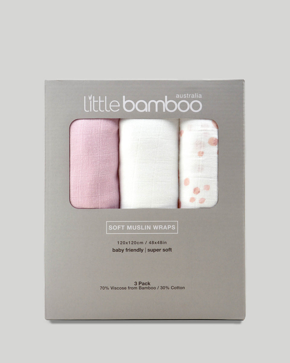 Little Bamboo Baby Muslin Wraps 3 Pack Dusty Pink Little Linen