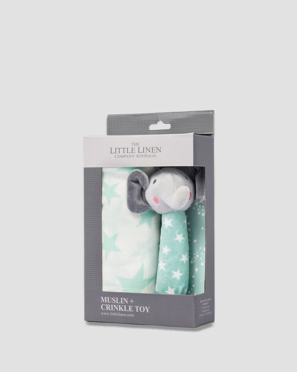 The Little Linen Company Baby Muslin Wrap Crinkle Toy Seafoam Elephant