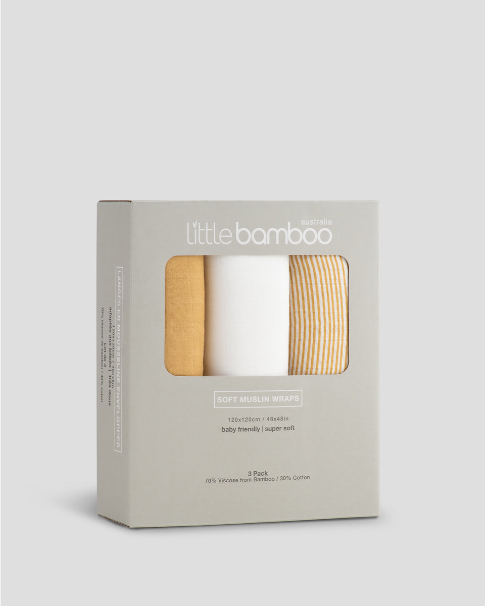 Little Bamboo Muslin Wraps 3 Pack Linear Sands Marigold Little