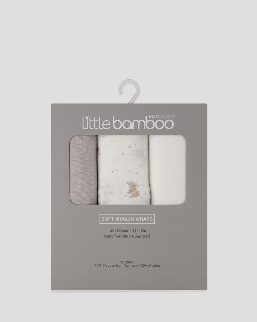 Little Bamboo Baby Muslin Wraps 3Pk  - Stone Grey