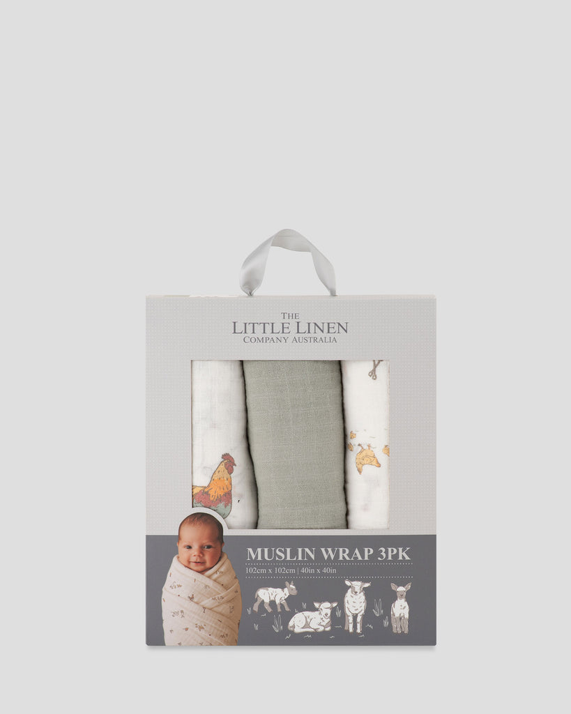 Little Linen Baby Muslin Wraps 3PK - Farmyard Lamb