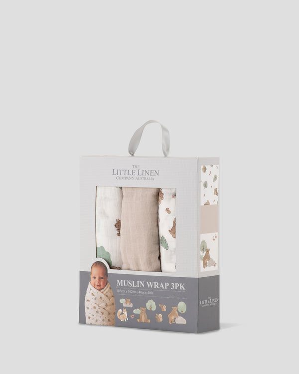 Little Linen Baby Muslin Wraps 3PK - Bushland Bear