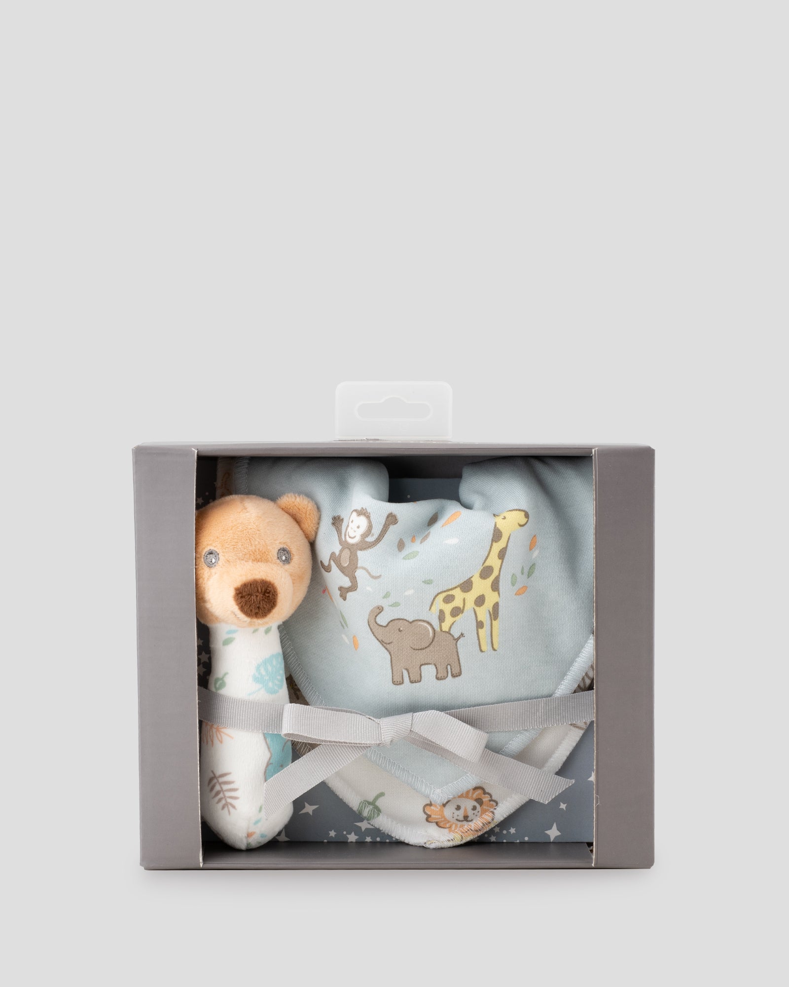 The Little Linen Company Baby Rattle & Bib Set - Safari Bear