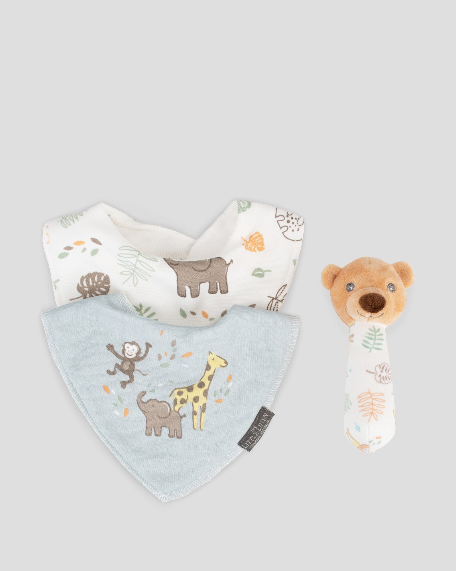 The Little Linen Company Baby Rattle & Bib Set - Safari Bear