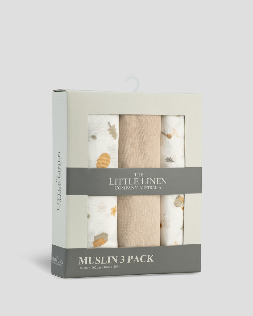 Little Linen Muslin 3pk Wrap Nectar Bear Side Pack