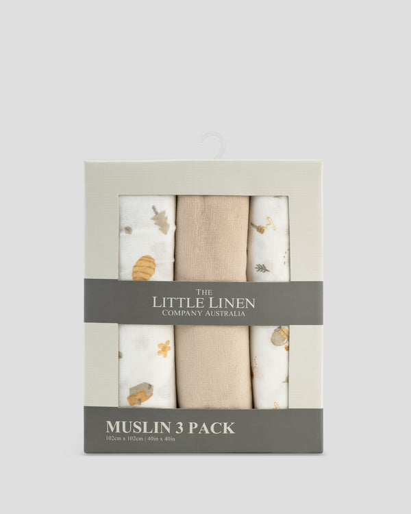 Little Linen Muslin 3pk Wrap Nectar Bear Front Pack