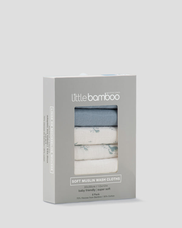 Little Bamboo Baby Muslin Washers 6Pk - Retro Blue