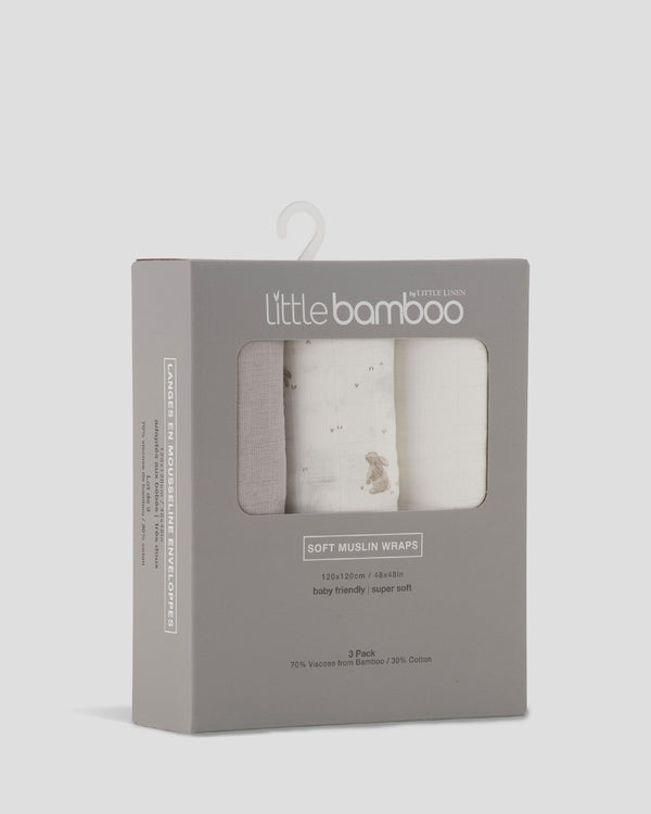 Little Bamboo Baby Muslin Wraps 3Pk  - Stone Grey