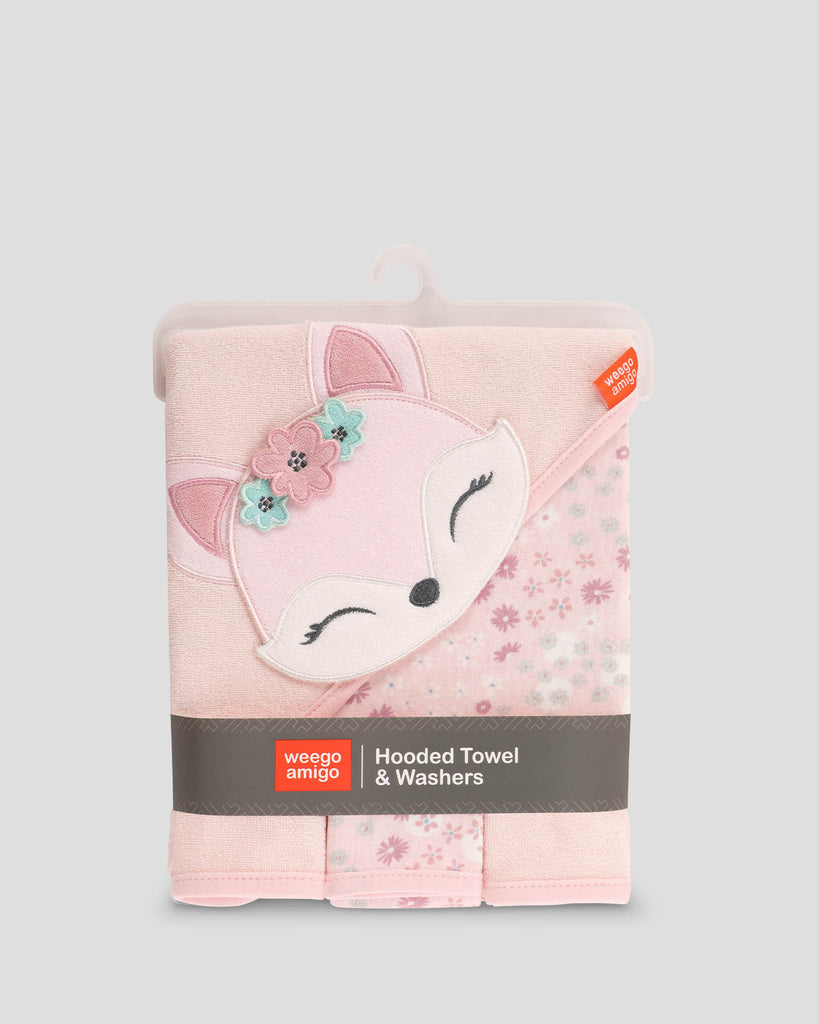 Weegoamigo Character Hooded Towel + Washers Floral Fox Pack