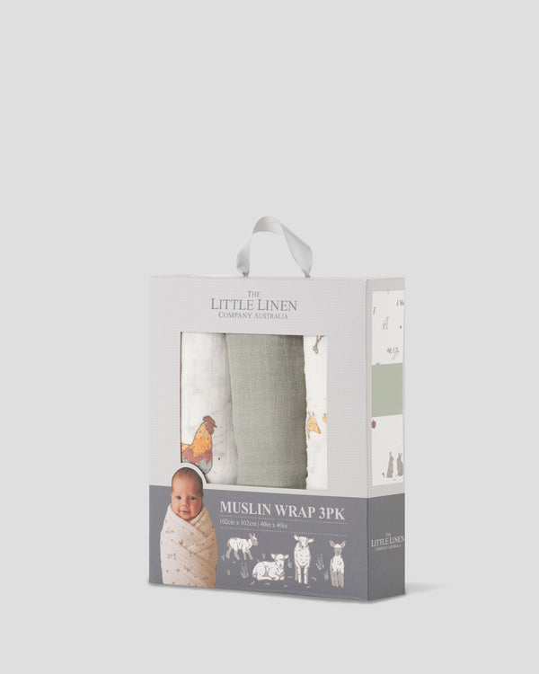 Little Linen Baby Muslin Wraps 3PK - Farmyard Lamb