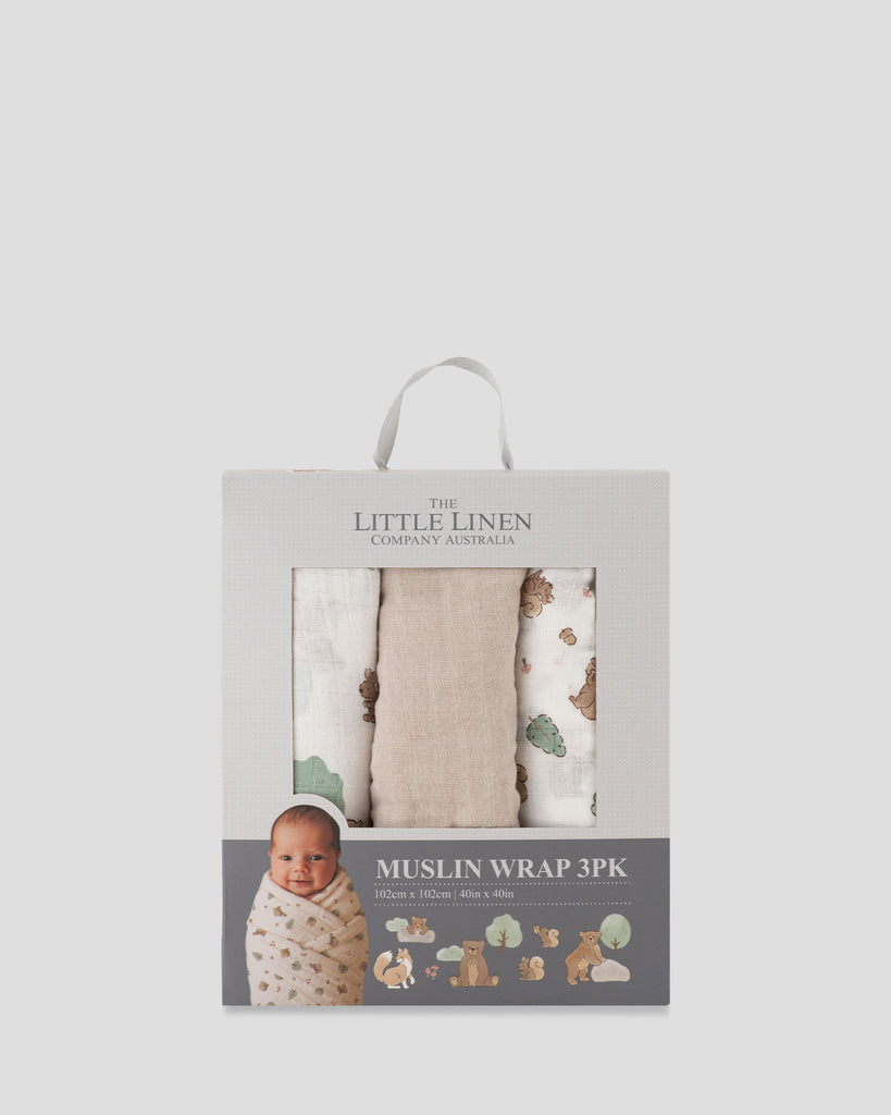Little Linen Baby Muslin Wraps 3PK - Bushland Bear
