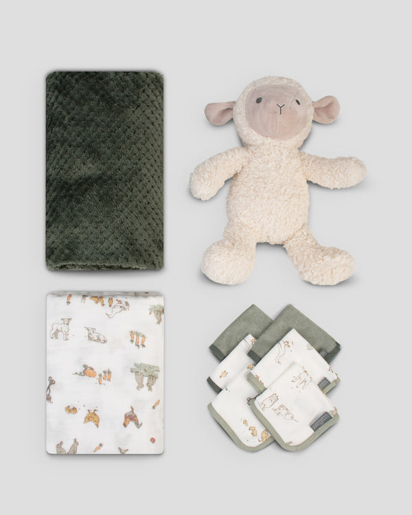 Little Linen Boxed Gift Set Farmyard Lamb Flat lay
