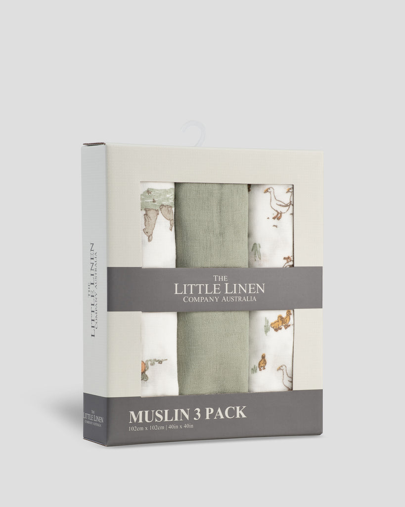 Little Linen Muslin 3pk Wrap Farmyard Lamb Side Pack