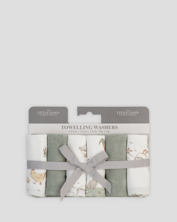 Little Linen Towelling Washer 6Pk Farmyard Lamb Front Pack