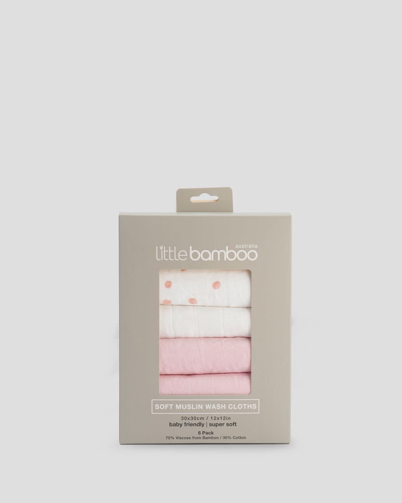 Little Bamboo Muslin Baby Face Washers 6 Pack - Dusty Pink