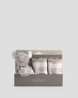 The Little Linen Company Towelling Baby Face Washer + Toy Set - Cheeky Koala