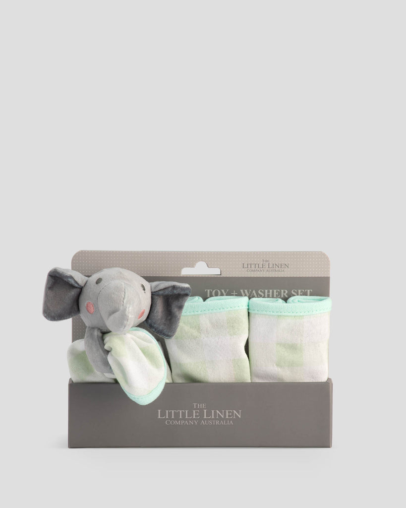 The Little Linen Company Towelling Baby Face Washer + Toy Set - Elephant Star