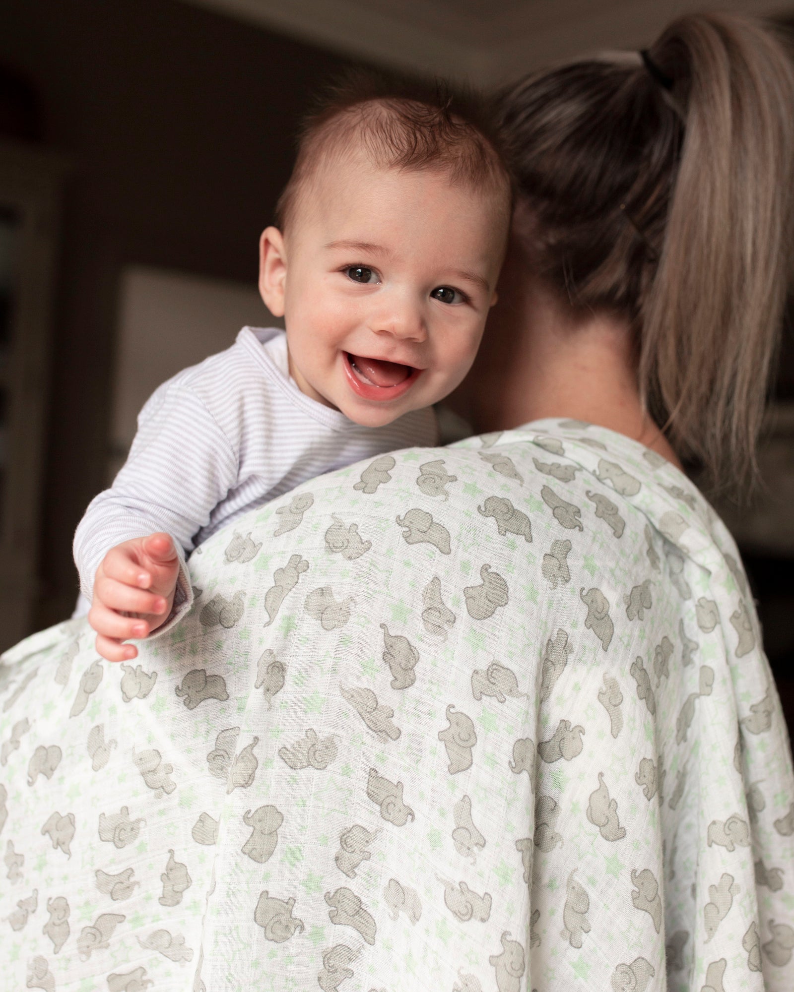 The Little Linen Company Baby Muslin Wrap 1 Pack Prints Mint Elephan