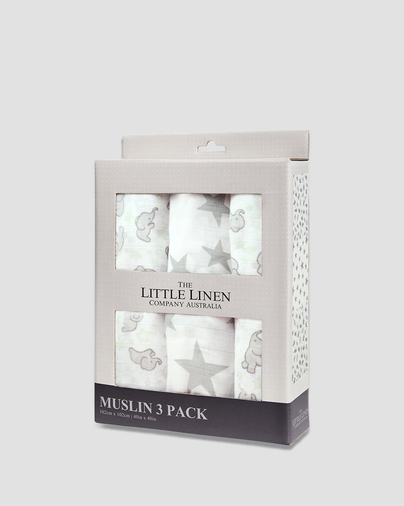Little Linen Muslin 3pk Prints Mint Elephant