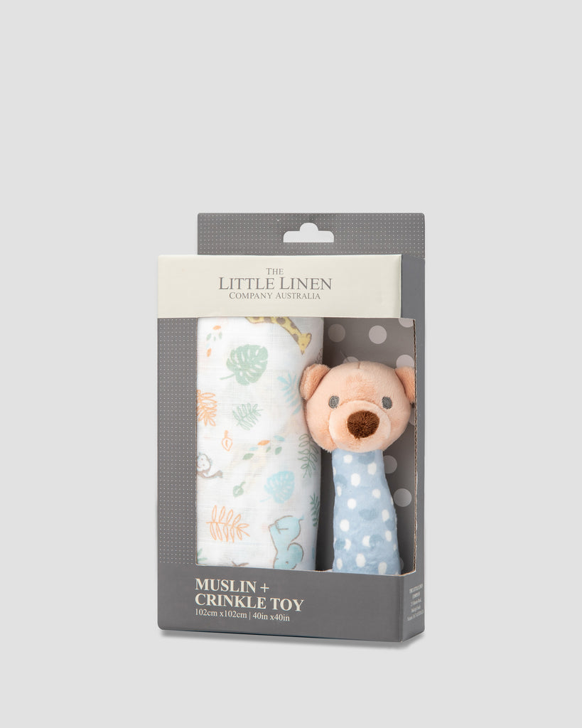 Little Linen Muslin Wrap Crinkle Toy Safari Bear