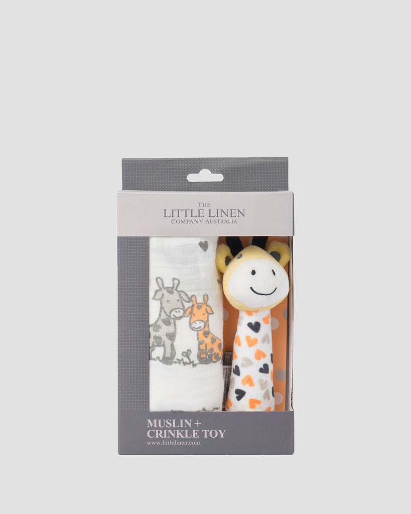 Little Linen Muslin Wrap & Crinkle Toy Orange Giraffe