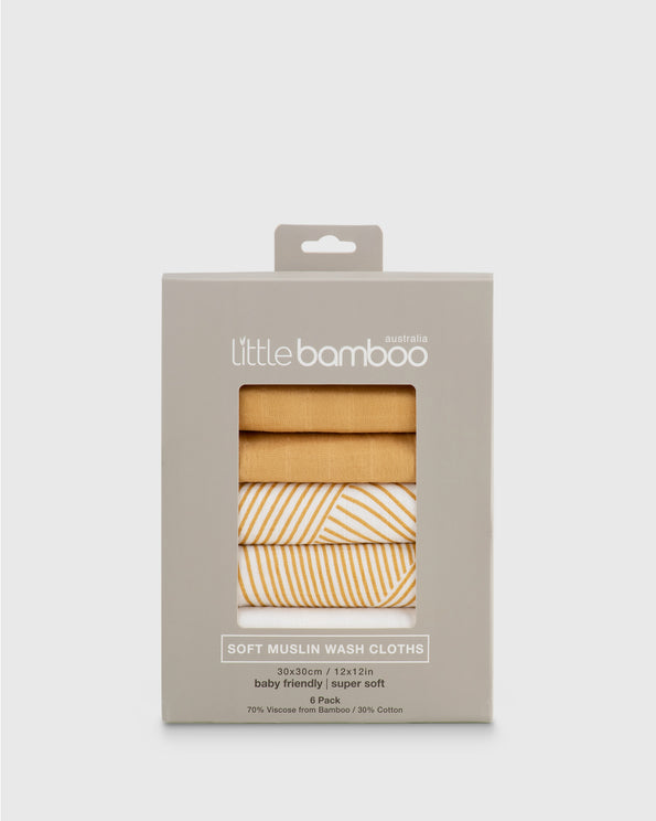 Little Bamboo Muslin Washers 6Pk - Linear Sands Marigold